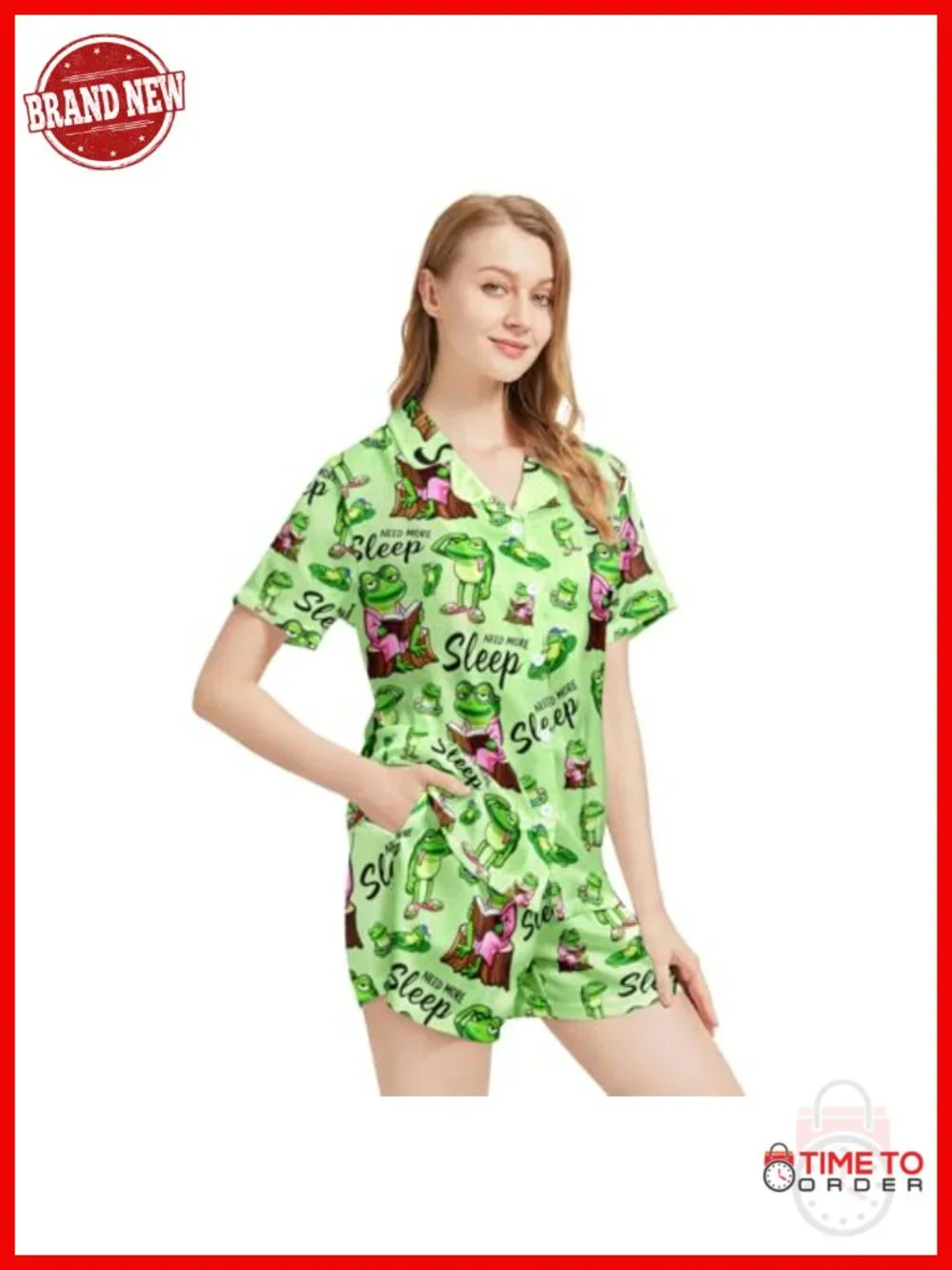 Funny Frog Print Pajama Set Short Sleeve Button Down Sleepwear Lounge Set
